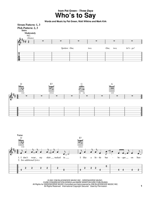Who's To Say - Pat Green (Easy Guitar with TAB)