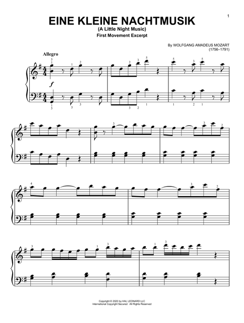 Eine Kleine Nachtmusik ("Serenade"), First Movement Excerpt - Wolfgang Amadeus Mozart (Very Easy Piano)