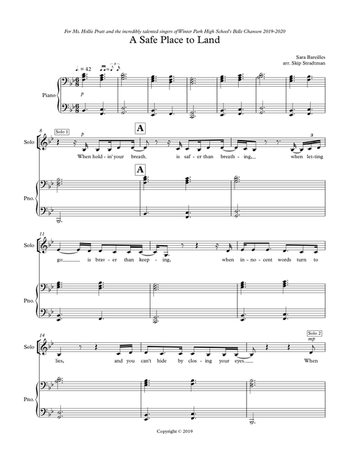 A Safe Place To Land (Arr. Skip Stradtman) - Sara Bareilles (Choral, SSA)