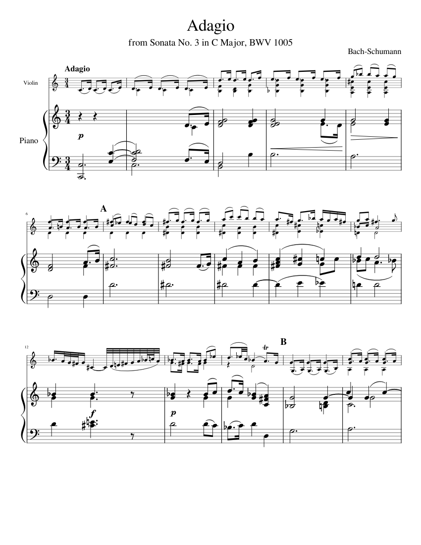 Adagio from Sonata No. 3 BWV 1005 by Bach-Schumann for Violin and Piano ...