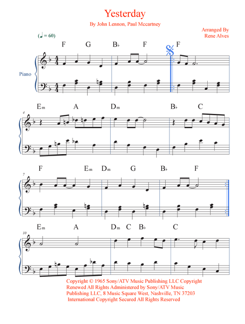 Yesterday (Arr. Rene Alves) - Adam Levine & Tony Lucca (Easy Piano)