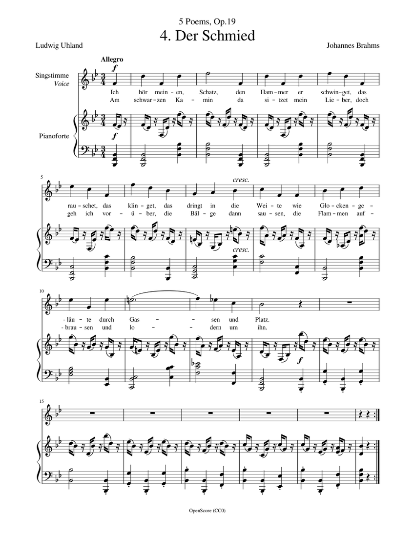 Brahms Johannes 6 Songs Op 7 No 4 Volkslied Sheet Music for