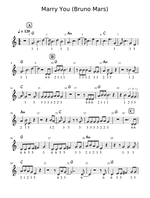 Marry you – Bruno Mars - Leadsheet- Soprano Recorder