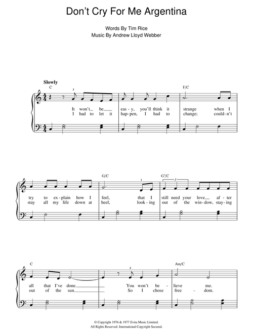 Don't Cry For Me Argentina - Andrew Lloyd Webber (Easy Piano)
