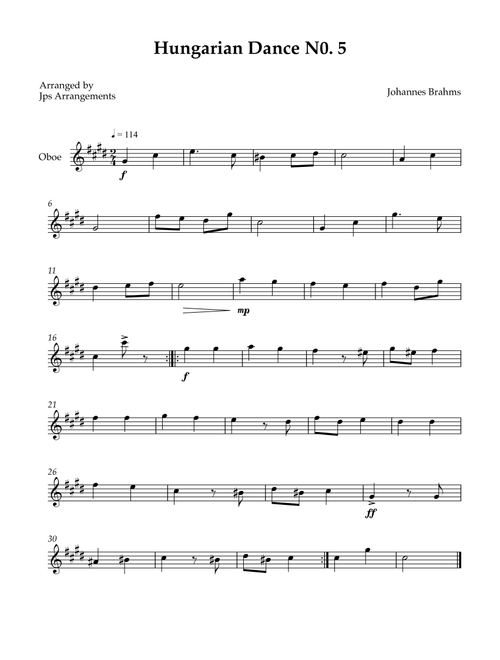 Hungarian Dance No. 5 for Oboe - key of C#m (Arr. Jps Arrangements) - Johannes Brahms (Oboe Solo)