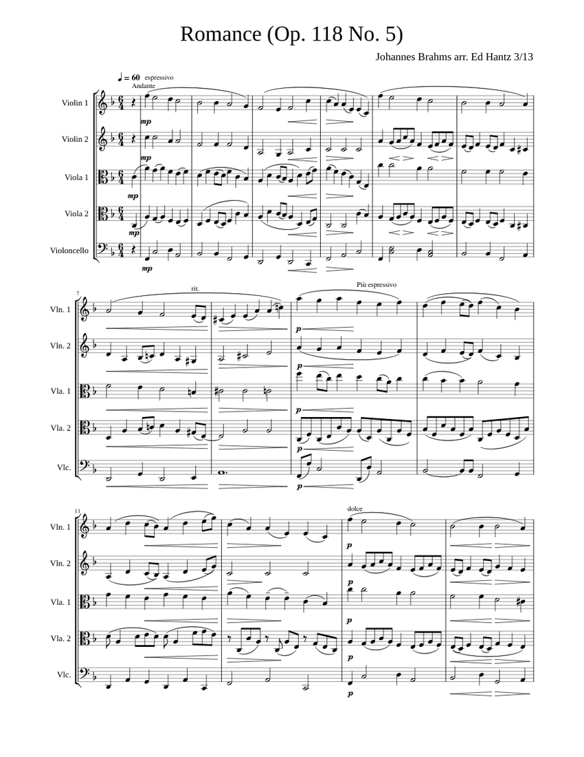 Romance Op. 118, No. 5 – Johannes Brahms Sheet Music for