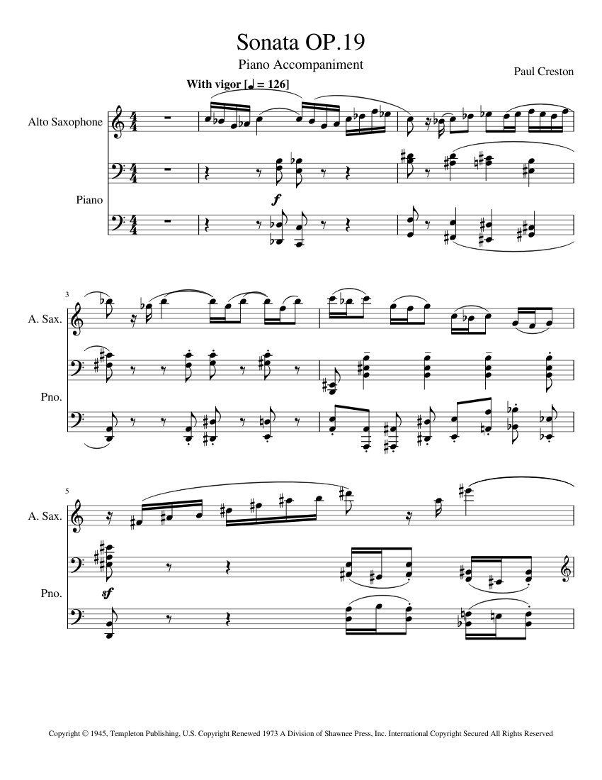 Sonata Op.19 by Paul Creston Sheet music for Piano, Saxophone alto (Solo) |  Musescore.com