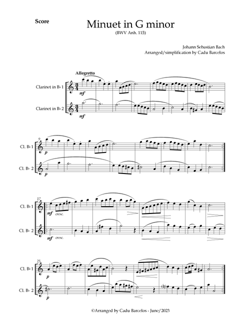 Minuet in G minor BWV anh 115 (Bach) 2 Clarinets (Arr. Cadu Barcelos) - Johann Sebastian Bach (Clarinet Duet)