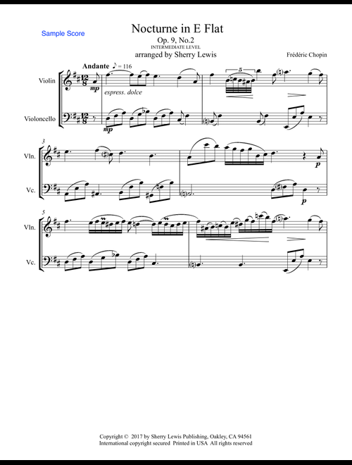 NOCTURNE Op.9 No.2 String Duo Intermediate Level for violin and cello (Arr. Sherry Lewis) - FrÃ©dÃ©ric Chopin (Instrumental Duet)