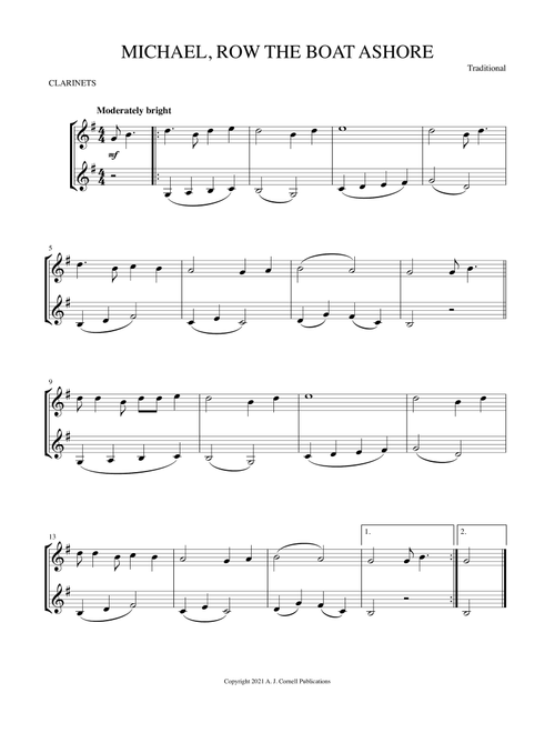 Michael, Row the Boat Ashore (Arr. Mark Phillips) - Traditional (Clarinet Duet)