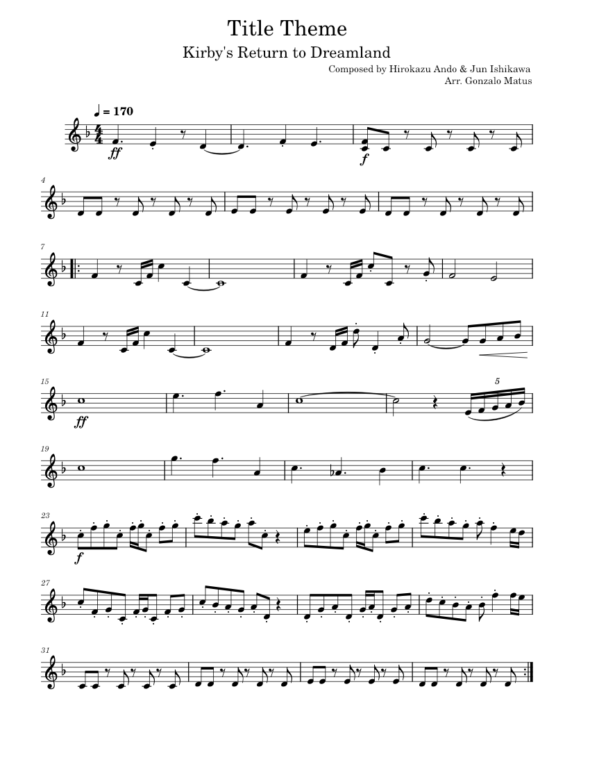Title Theme Kirby's Return to Dreamland Violin Solo Sheet music for