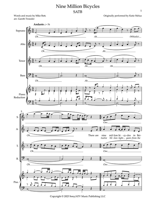 Nine Million Bicycles (Arr. Gareth Treseder) - Katie Melua (Choral, SATB)