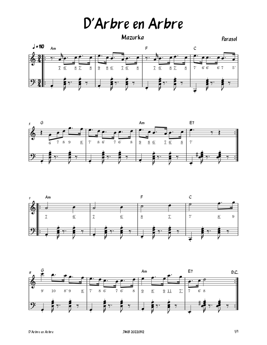 D'Arbre En Arbre - Parasol - Mazurka Sheet Music For Accordion (Mixed ...