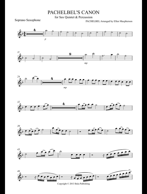 Pachelbel's Cannon - for Sax Quintet & Percussion - SOPRANO SAXOPHONE (Arr. Ellen Macpherson) (Woodwind Ensemble)