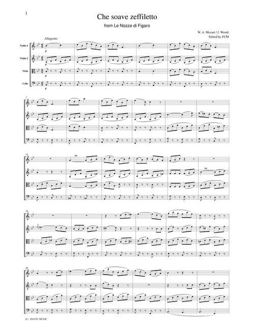 Mozart Che soave zeffiletto from Le Nozze di Figaro, for string quartet, CM026 (Arr. FCMUSIC) (String Quartet)