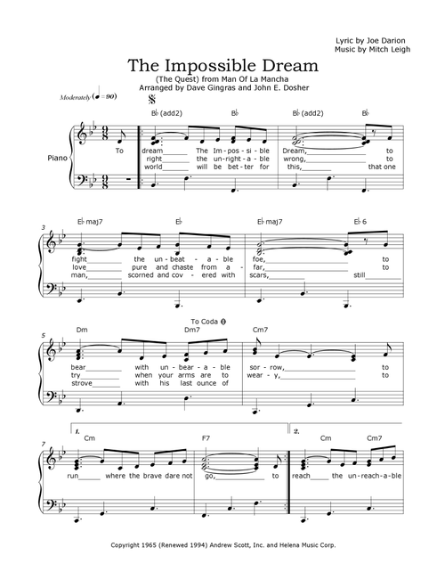 The Impossible Dream (The Quest) (Arr. Dave Gingras and John E. Dosher) - Jim Nabors And Marilyn (Piano Vocal)