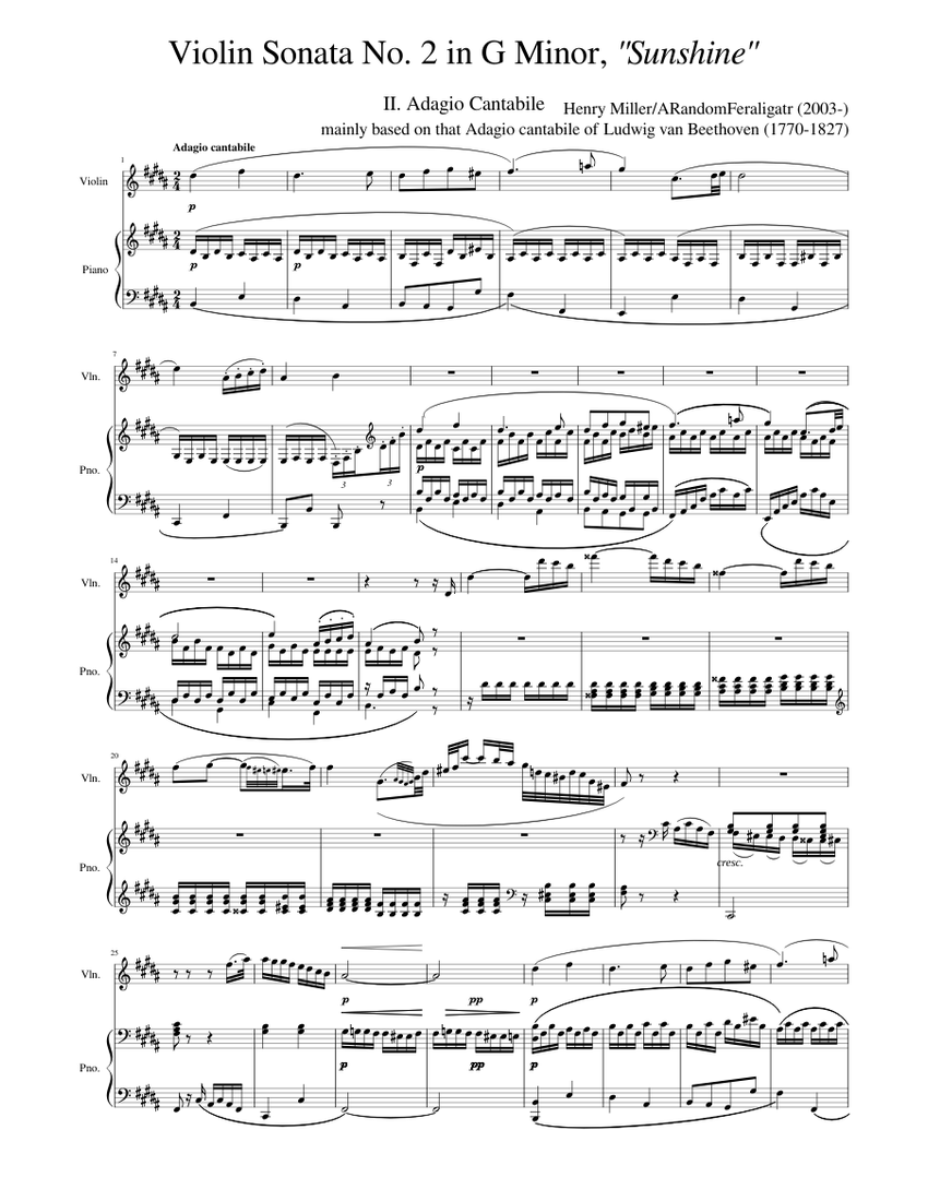 Violin Sonata No. 2 in G Minor "Sunshine", Opus 96, 2nd Movement Sheet ...
