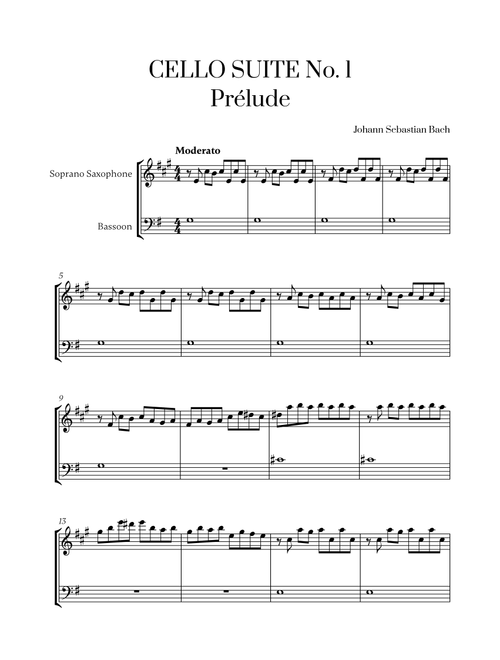 Johann Sebastian Bach - Cello Suite No. 1 in G Major, Prelude for Soprano Saxophone and Bassoon (Arr. Cadenza Editions) (Instrumental Duet)