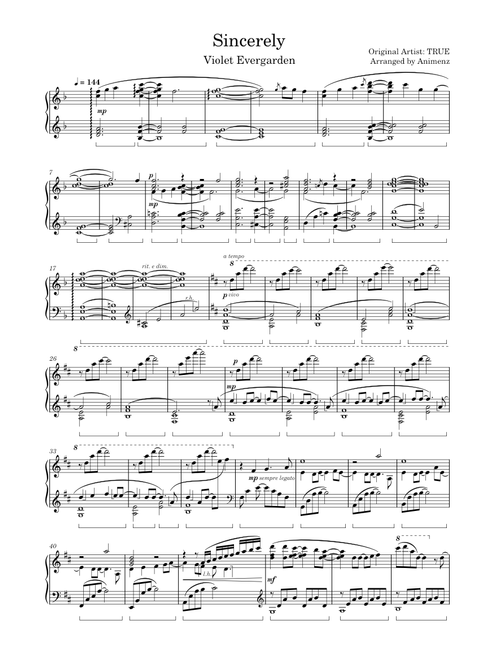 TRUE -  Sincerely (Animenz arr.) | Transcription