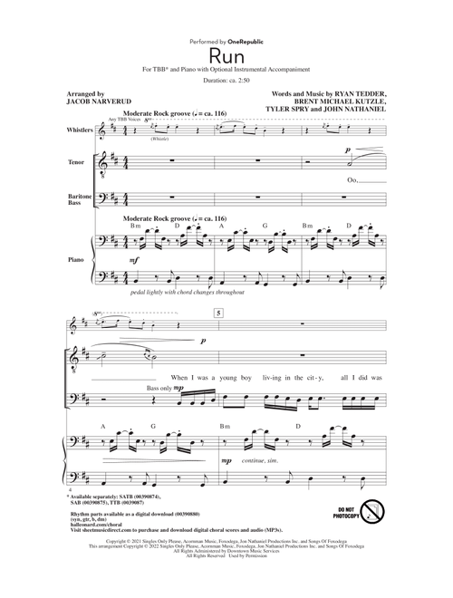Run (arr. Jacob Narverud) - OneRepublic (Choral, TBB)