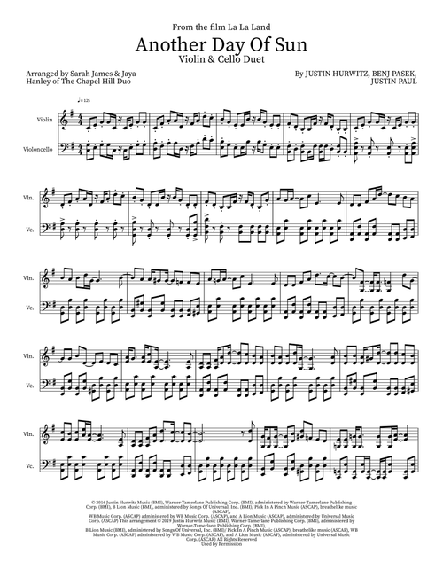 Another Day Of Sun (Arr. Sarah James & Jaya Hanley of The Chapel Hill Duo) - Justin Hurwitz (Instrumental Duet)