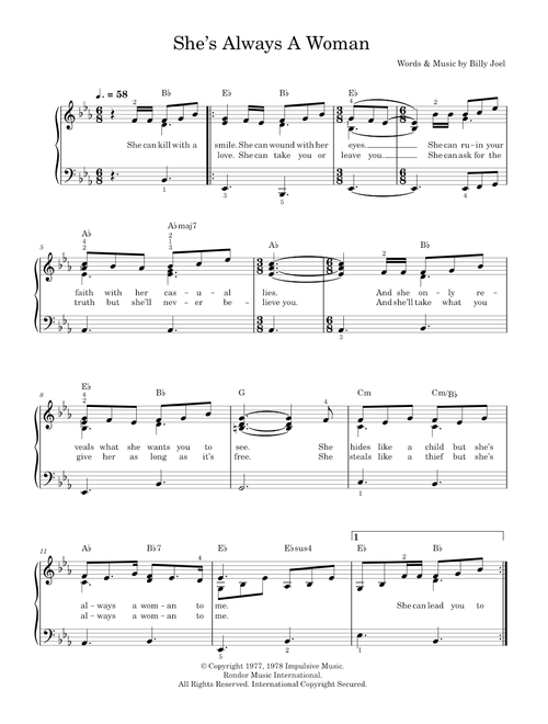 She's Always A Woman - Billy Joel (Easy Piano)