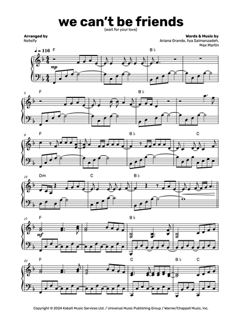 We Can't Be Friends (Wait For Your Love) (Arr. Noteify) - Ariana Grande (Piano Solo)