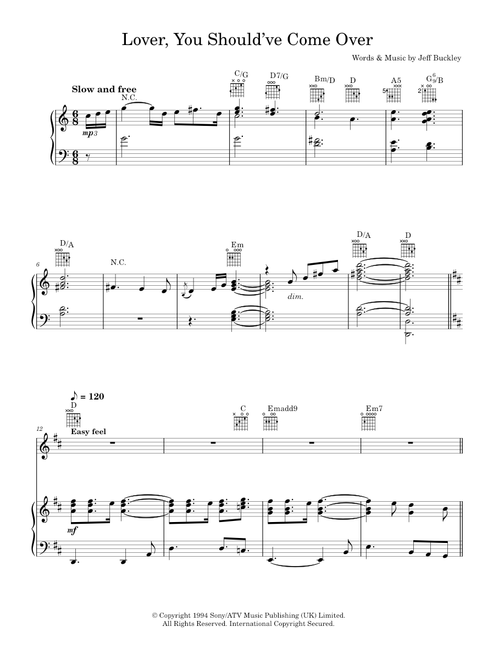 Lover, You Should've Come Over - Jeff Buckley (Piano-Vocal-Guitar (Piano Accompaniment))