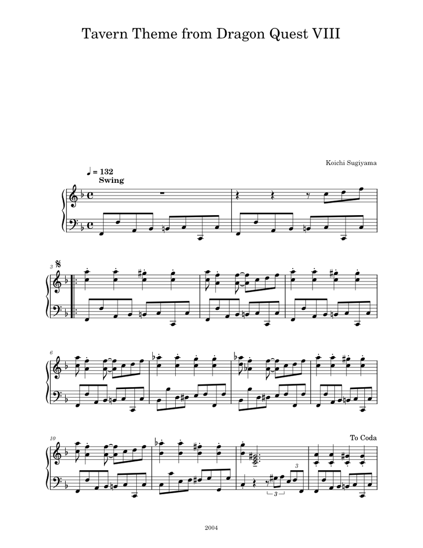 Tavern Theme from Dragon Quest VIII Sheet Music for Piano (Solo