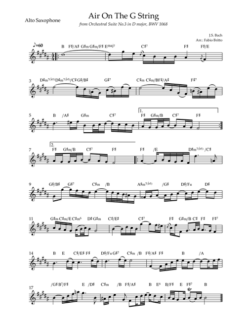 Air On The G String (J.S. Bach) for Alto Saxophone Solo with Chords (Arr. Fabio Britto) - JS Bach (Alto Sax Solo)