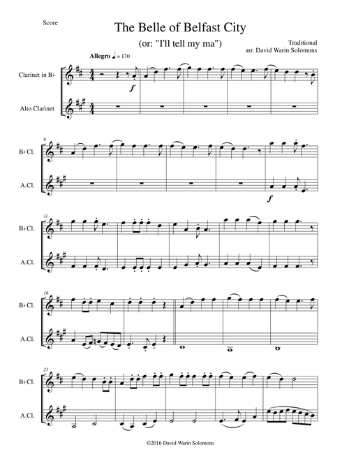 Belle of Belfast City (I'll tell my ma) for clarinet and alto clarinet (Arr. David Warin Solomons) - Traditional (Clarinet Solo)