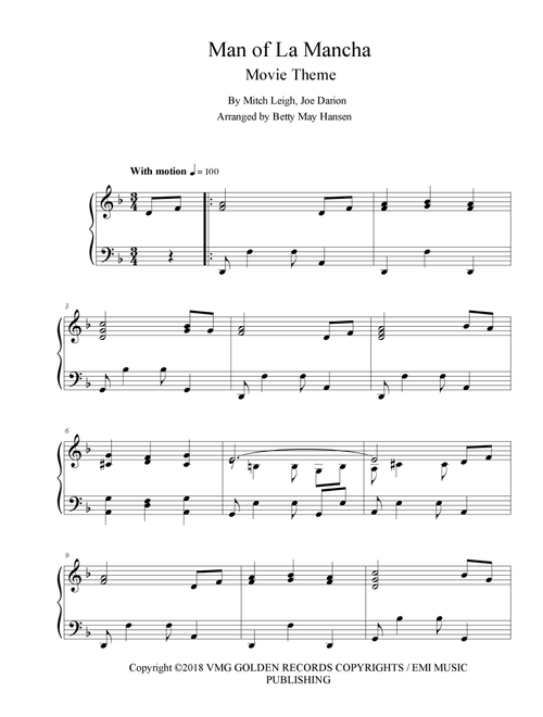Man Of La Mancha (reprise) (Arr. Betty May Hansen) (Piano Solo)