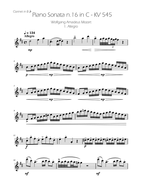 Sonata No. 16 in C Major KV 545 - Allegro - Clarinet Solo (Arr. Ygor Nunes) - Wolfgang Amadeus Mozart (Clarinet Solo)