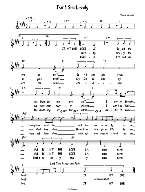 Isn't She Lovely (Lead sheet with lyrics )