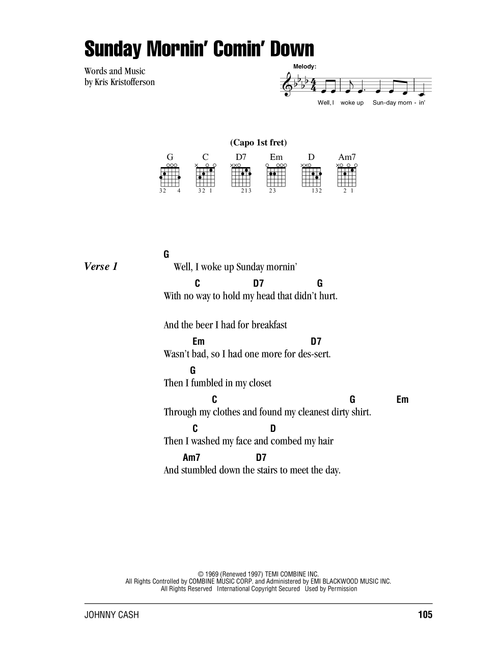 Sunday Mornin' Comin' Down - Johnny Cash, Kris Kristofferson (Guitar Chords-Lyrics)