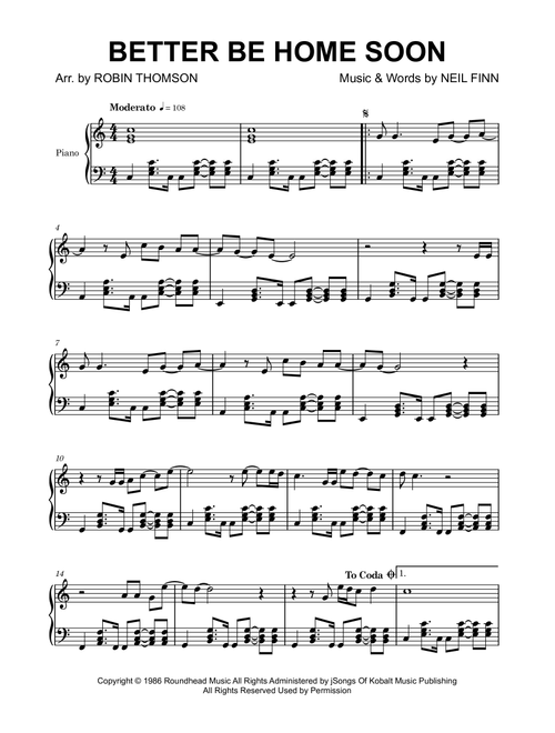 Better Be Home Soon (Arr. Robin Thomson) - Crowded House (Piano Solo)