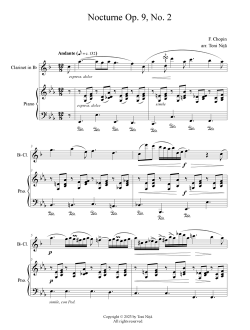 Chopin - Nocturne Op. 9, No. 2 (for Clarinet in Bb & Piano) (Arr. Toni Nita) - Frederic Chopin (Clarinet and Piano)