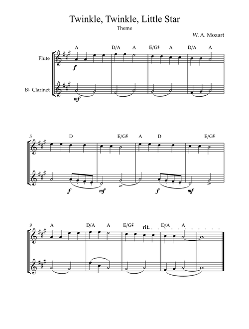 Twinkle, Twinkle, Little Star | For Flute & Bb Clarinet (Without Transposition) (Arr. Karen Gueiros) - Wolfgang Amadeus Mozart (Instrumental Duet)