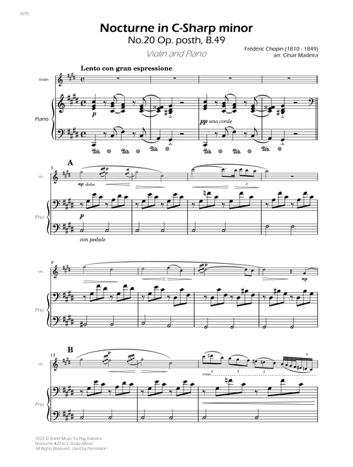 Nocturne No.20 in C-Sharp minor - Violin and Piano (Full Score) (Arr. César Madeira) - Frederic Chopin (Violin and Piano)