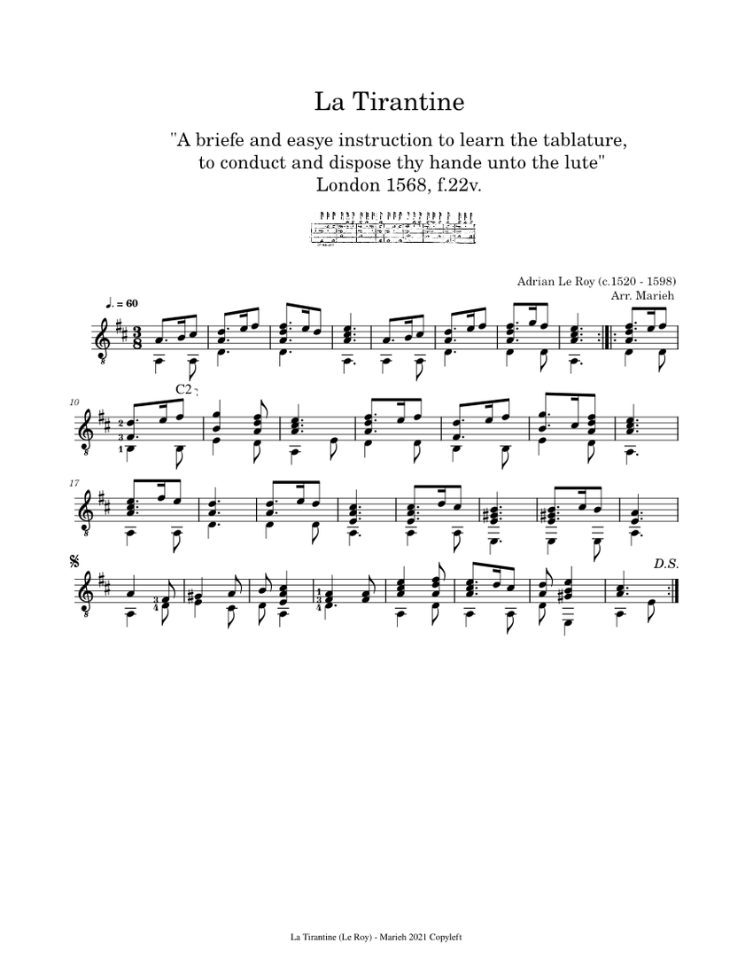 La Tirantine - Le Roy, Adrian (c.1520 - 1598) Sheet Music for