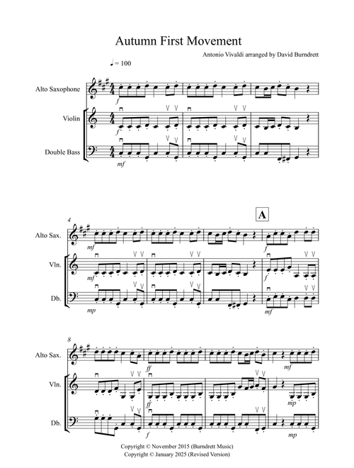 Autumn "Four Seasons" for Alto Saxophone, Violin and Double Bass Trio (Arr. David Burndrett) - Antonio Vivaldi (Small Ensemble)