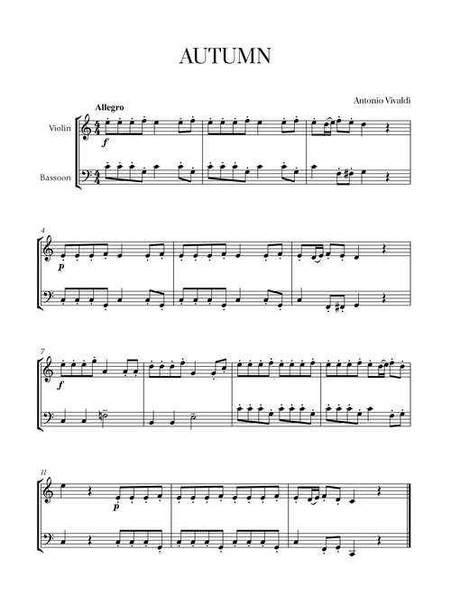 Antonio Vivaldi - Autumn (Allegro) for Violin and Bassoon (Arr. Cadenza Editions) (Instrumental Duet)