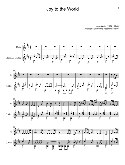 Joy to the World Flute and Classical Guitar (Score and Parts) (Arr. Guilherme Facchetti) - Isaac Watts (Instrumental Duet)