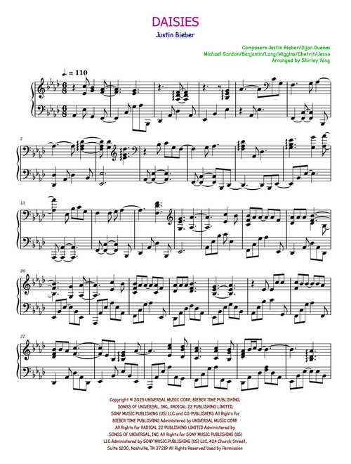 Daisies (Arr. Shirley Yang) - Justin Bieber (Piano Solo)