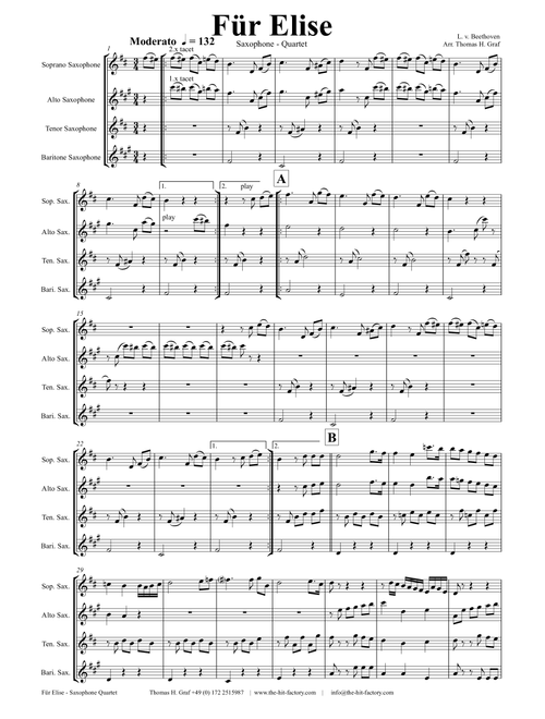 For Elise - Ludwig van Beethoven - Saxophone Quartet (Arr. Thomas H. Graf) - LV Beethoven (Woodwind Ensemble)