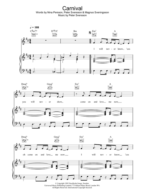 Carnival - The Cardigans (Piano-Vocal-Guitar (Piano Accompaniment))