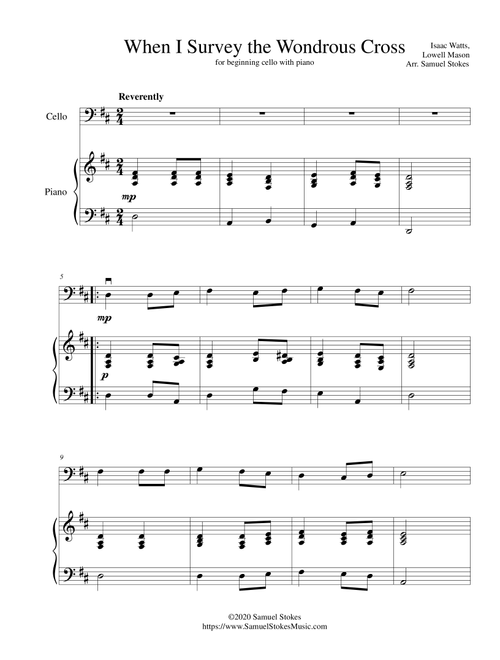 When I Survey the Wondrous Cross - for beginning cello with optional piano accompaniment (Arr. Samuel Stokes) - Isaac Watts, Lowell Mason (Cello and Piano)