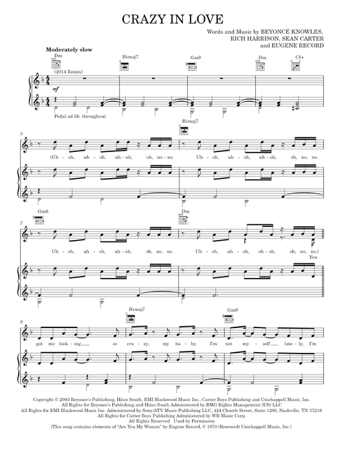 Crazy In Love - Beyoncé Beyonce Featuring Jay Z (Piano-Vocal-Guitar)