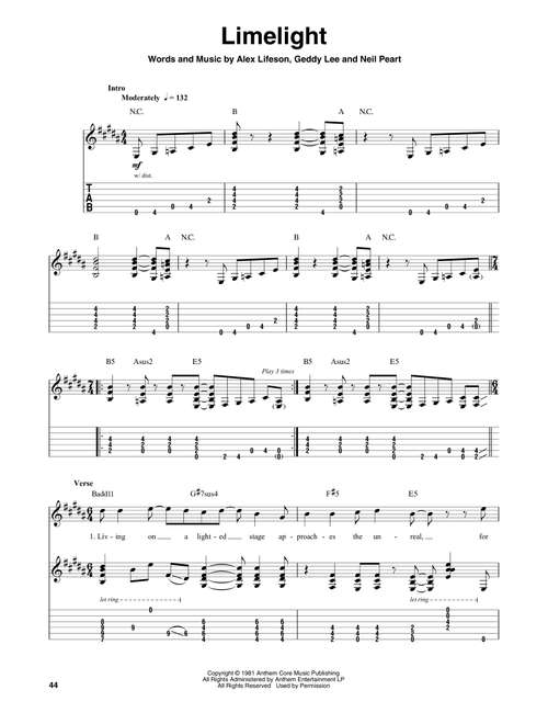 Limelight - Rush (Guitar Tab Play-Along)