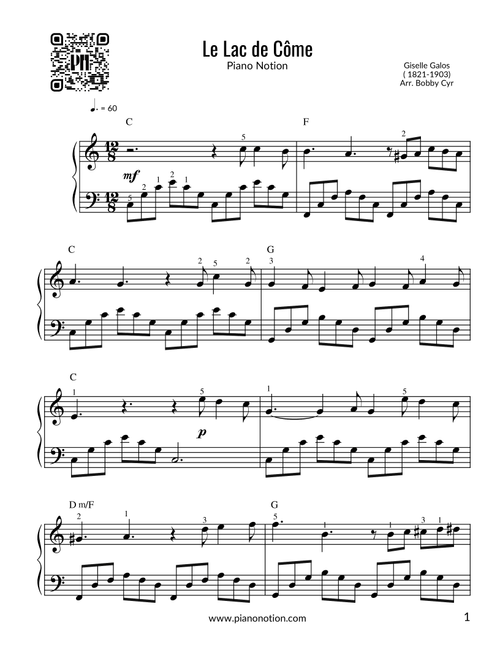 Le Lac de Côme (Easy Piano) (Arr. Bobby Cyr) - Piano Notion (Easy Piano)